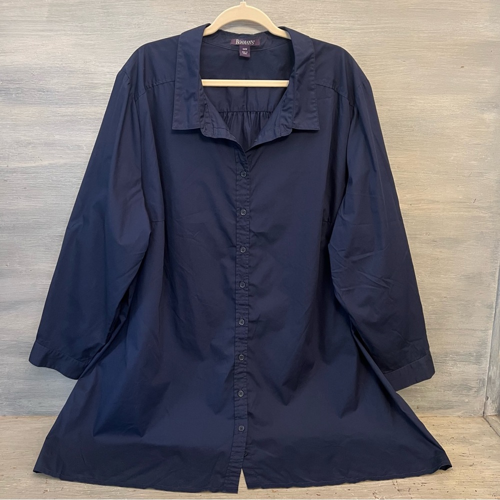 Roman’s Navy Blue 60% Cotton Long Sleeve Button Down Shirt‎ Dress 34W Like New